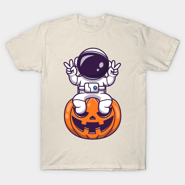 Cute Astronaut Sitting On Pumpkin Halloween With Peace Hand Cartoon T-Shirt by Catalyst Labs
